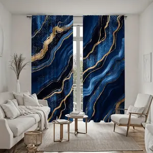 2Pcs Abstract Blue Gold Marble Pattern Printed Curtains, Rod Pocket Style, Semi Sunshade Polyester Fiber, Suitable for Home Living Room, Bedroom, Balcony, Kitchen, Study and Shower Window Decoration, Accessory, Anti Privacy.
