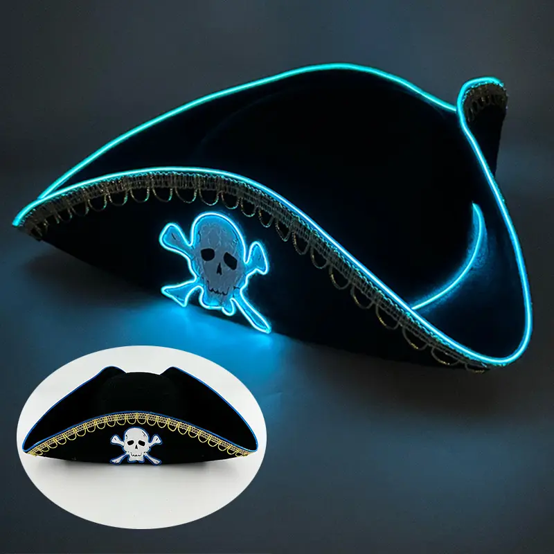 LED Glowing Pirate Captain Hat with Skull Design, Spooky Halloween Cosplay Prop, Caribbean Pirate Light Up Hat, Costume Accessories, Party Hats