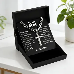 1pc "to My Son" Stainless Steel Cross Pendant Necklace, Birthday Gift, Valentine's Day Gift, Christmas Gift, with Card and Gift Box Packaging, the Perfect Gift for Loved Ones jewelry men Personalized