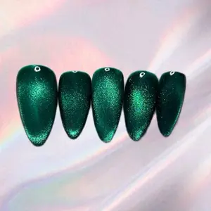 Emerald Green Chrome Press On Nails Cat Eye Metallic Nails Luxury Dark Green Reusable Set Full Application Kit Included