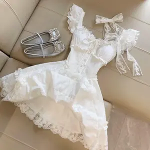 Sweet Princess Dress Woman French Lace Sim Fairy   Dress Harajuku Gyaru Elegant Chic Ball Gown Summer Kawaii 90s Sexy Fashion