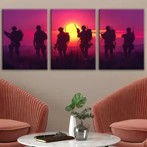 Wooden Framed Canvas Painting, 3 Counts/set Character Soldier Pattern Wall Art, Home Decoration Poster, Room Mural, Office Poster, Bedroom Wall Decor, Ornaments