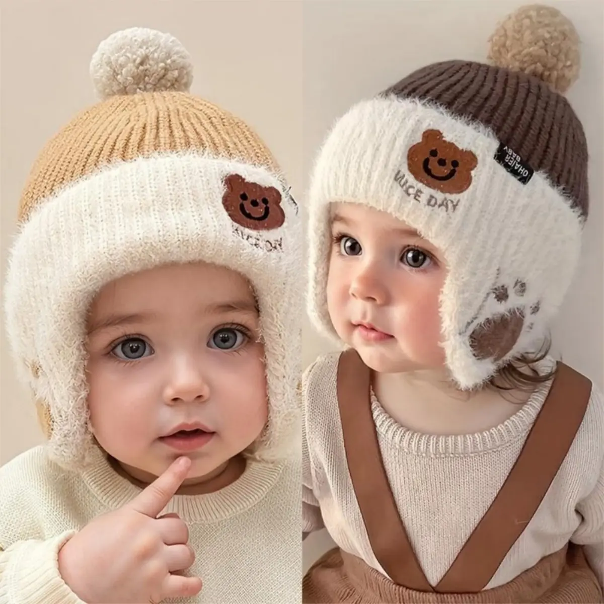 Wool-Lined Toddler Bear Beanie with Pom-Pom, Cute Knitted Winter Hat and Neck Warmer Combo for Ages 1-3, Animals, Family Outings, Holiday Photoshoots, Warmth Boost, Adorable Themed Design, 2 - 3 Years