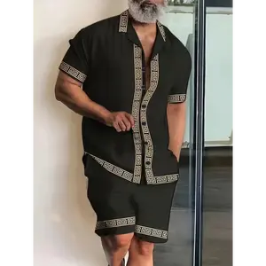 Sophisticated Casual Men's 2Pcs Set: Breathable Geometric Shirt & Stretch Shorts, Easy-Care