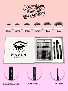 Haven Eyelashes Extension Kit - Premium Luxury Box Packaging - 168pcs Lash Clusters Fluffy Individual T50 Lashes (8mm-16mm)