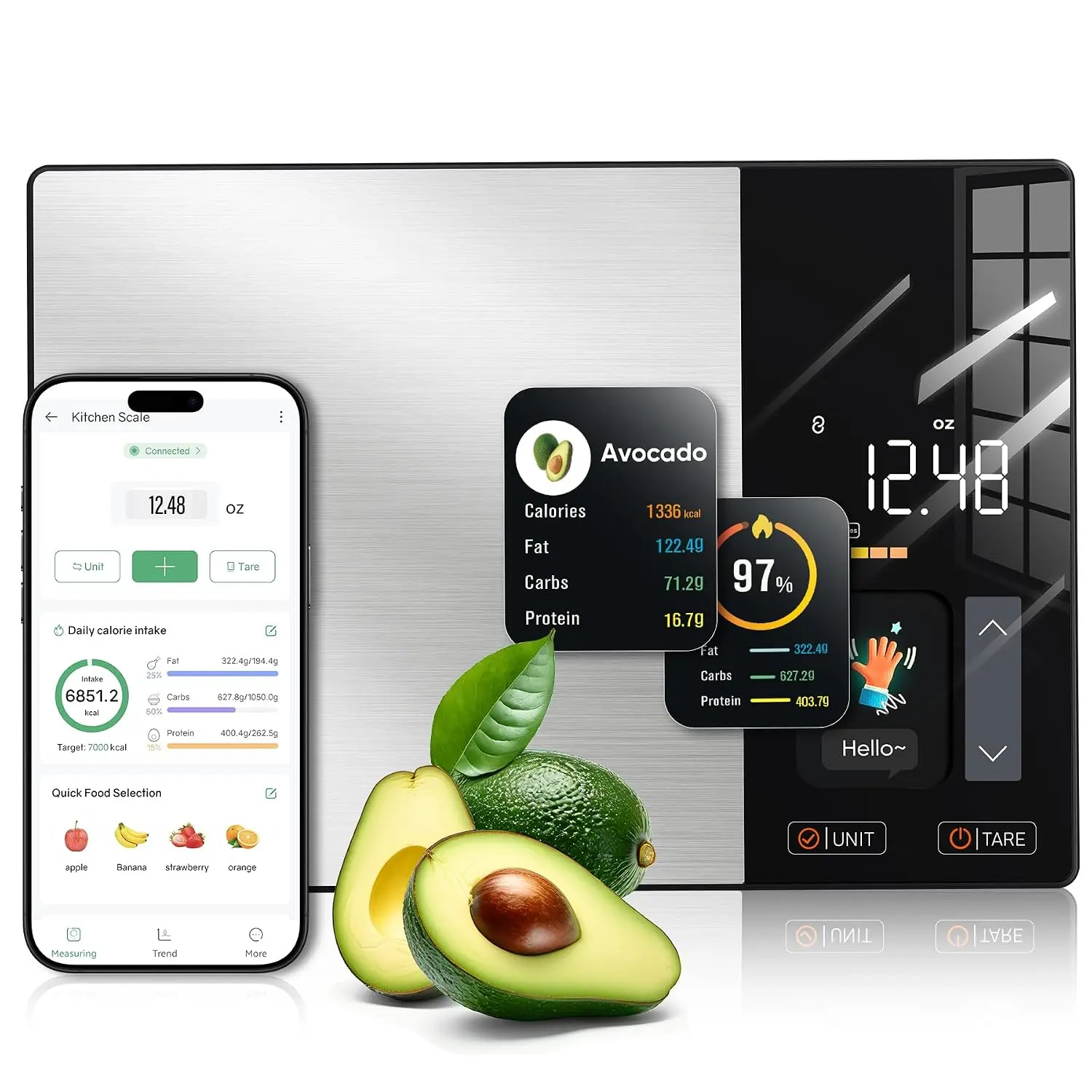 Smart Digital Nutrition Kitchen Scale with TFT Display, Tracks Calories Carbs Fat Protein, Sync with App for Daily Nutrition Reports, 50 Preset Foods & 23 Nutrients for Meal Prep