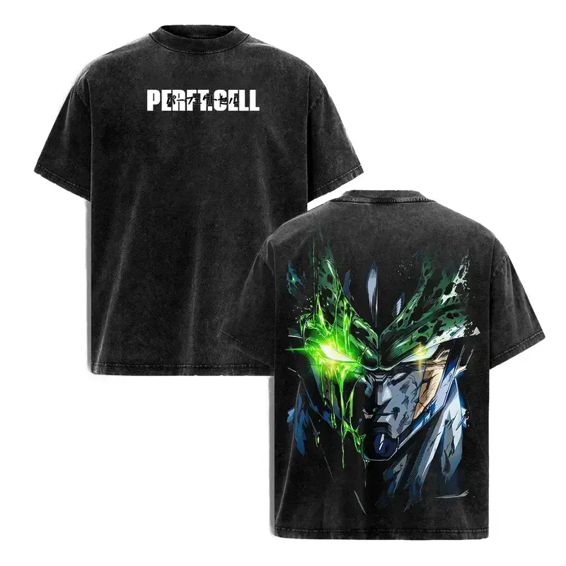 Men's DBZ Perfect Cell Vintage Washed Oversized Anime T-Shirt - Bio-Android Evolution Graphic, Green Aura Streetwear Twist, Heavyweight Cotton Unisex Casual Crewneck Top, Anime DBZ Energy Gift Short-Sleeve Casual Tshirt Shirt, Bold Graphic Imagery Men's S