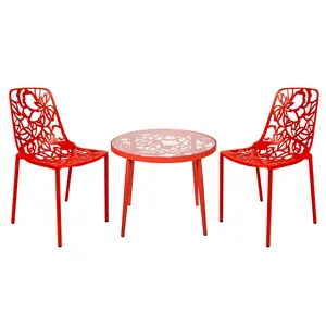 LeisureMod DT20CR 19 x 23 x 23 in. Devon Mid-Century Modern 3 Piece Aluminum Outdoor Patio Dining Set with Tempered Glass Top Table & 2 Stackable Flower Design Chair, Red