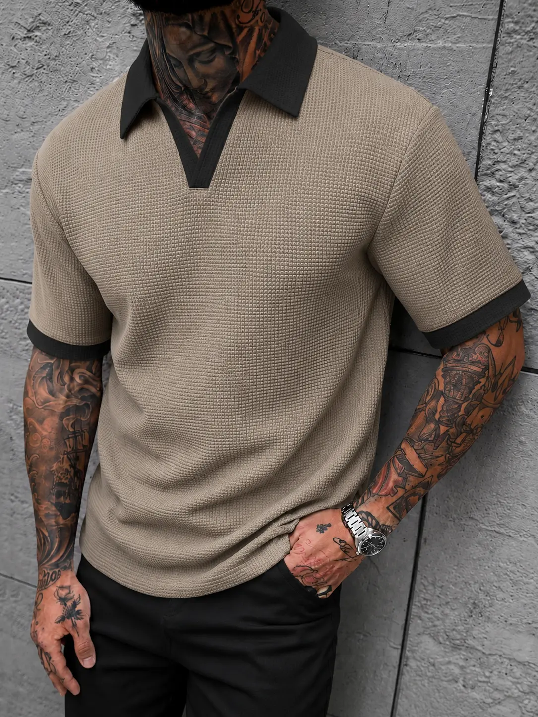 Men Loose Fit Waffle Texture Polo Shirt Short Sleeve Contrast Collar V Neck Retro Streetwear Top Casual Summer Knit Tee Relaxed Fit Golf Shirt Vacation Outfit Breathable Soft Touch Everyday Fashion Shirt for Club Resort Date Night Viral Street Style Top