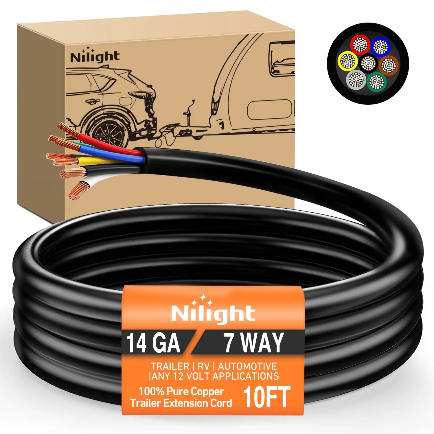 Nilight 10 Feet 7 Way Trailer Extension Cable RV Standard Wire 14 Gauge 7 Conductor 100% Pure Copper Insulated Heavy Duty Cord Weatherproof for 7 Pin Blade Truck Camper RV Automotive