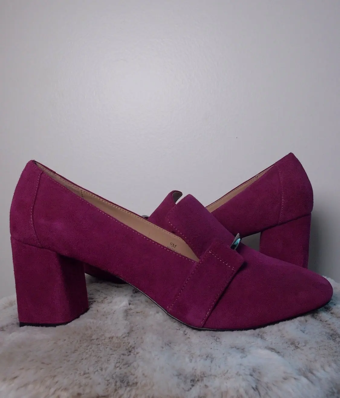 Pre Owned Tinea Prolo Purple Suede Block Heel Loafers | Structured Square Toe Pumps | Minimal Statement Heels