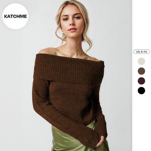 KatchMe Women's Vibrant Overfold Off Shoulder Stretch Sweater, Slouchy Solid Color Knitwear for Fall & Winter, Long Sleeve Comfort Outfit
