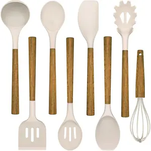 8-Piece Kitchen Utensils Set with Natural Acacia Wooden Handles & Silicone Heads for Nonstick Cookware Khaki Color High-Quality Cooking Tools