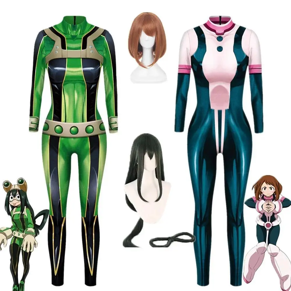 New Anime Cosplay Asui Tsuyu Ochaco Uraraka Costume Wig Women Jumpsuit Carnival Halloween Costume Bodysuit