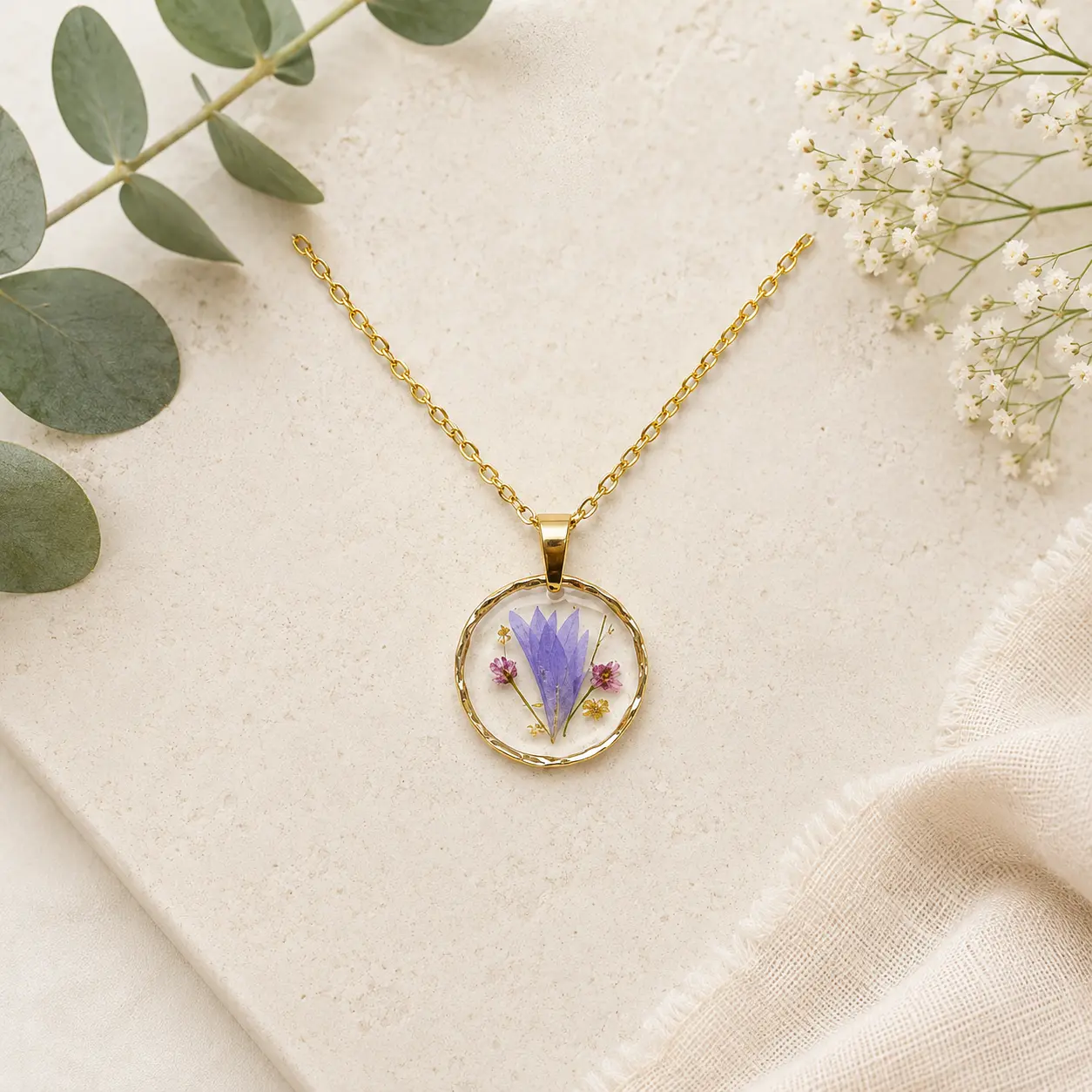 Blue Pressed Flower Necklace in Round Setting