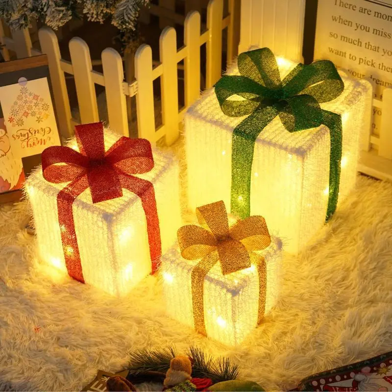 8 Modes Warm Glowing 3pc Christmas Light Gift Box Remote Control Festive Ribbon Decorations DIY Assembly Crafts AA Battery Powered Indoor Outdoor Use Battery Not Included