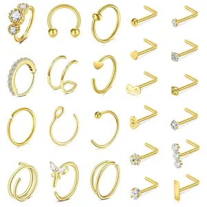 20G Nose Rings Set (24counts/set) Gold Stainless Steel Nose Rings for Women Nose Rings Hoops L Shaped Nose Studs Screw