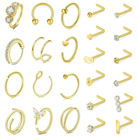 Women's 20G Gold Stainless Steel Nose Piercing Set (24-Count) - Nose Hoops, L-Shaped Studs, Screw Studs, Gold Body Jewelry for Piercing