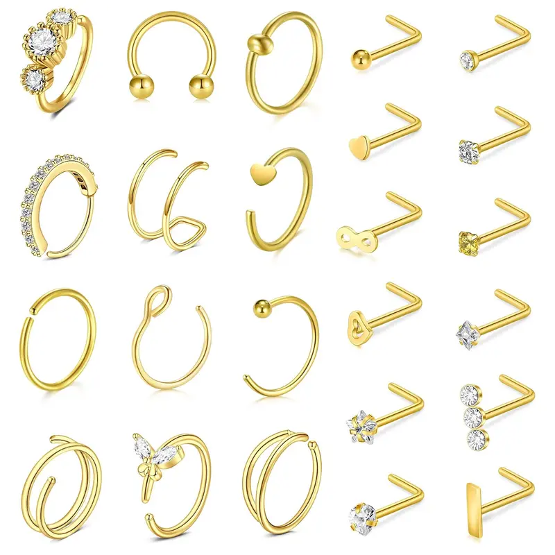 Women's 20G Gold Stainless Steel Nose Piercing Set (24-Count) - Nose Hoops, L-Shaped Studs, Screw Studs, Gold Body Jewelry for Piercing