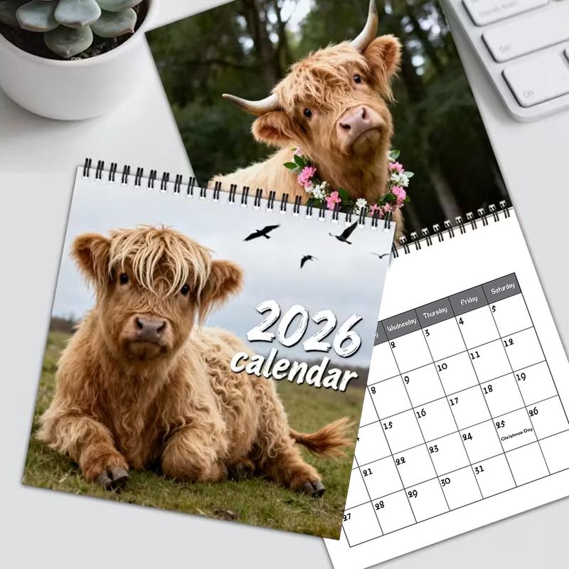 2026 Highland Cow Theme Wall Calendar, 12 Months Colorful Illustrations, 7.9in X 7.9in Perfect Size, Cute Fun Highland Cow Art Decor Gift
