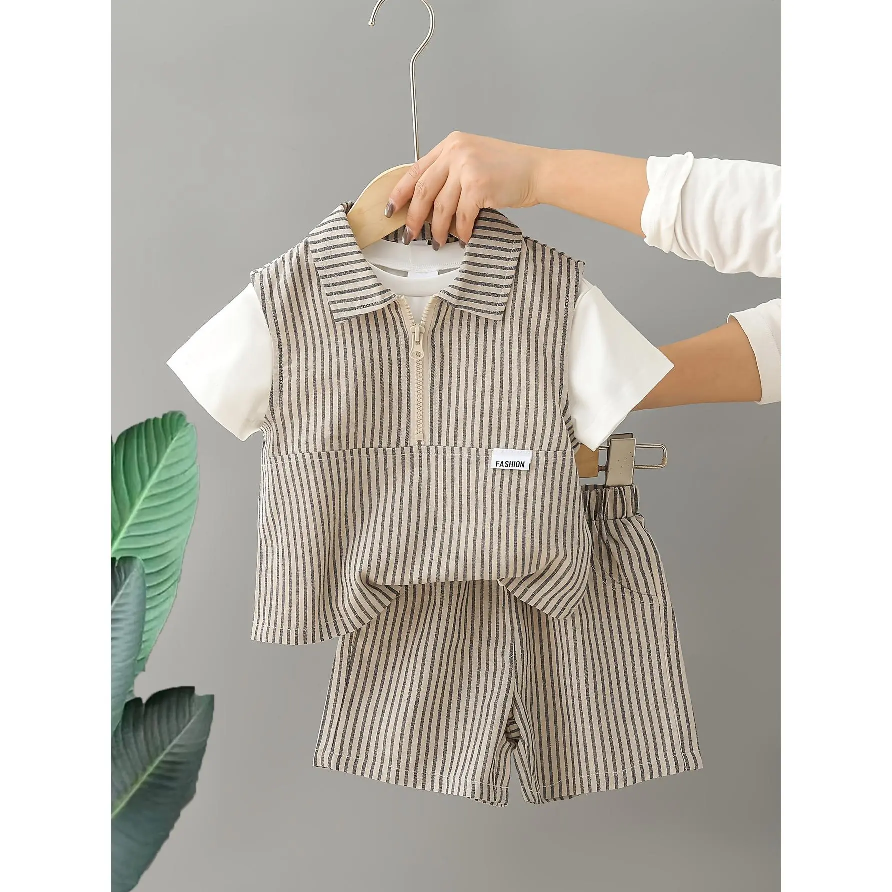 Boys 3Pcs Striped Vest Matching Outfit, White Short Sleeve Inner Tee Lapel Half Zip Sleeveless Vertical Stripe Waistcoat Elastic Waist Matching Shorts Kids Neutral Summer Co-Ord Set