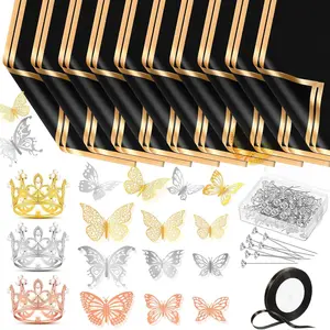 20 Sheets Mother's Day Flower Wrapping Paper   Edge  Wrapping Paper with Crown Butterfly  Pins Decor Ribbon for Christmas Birthday DIY Craft(Black)