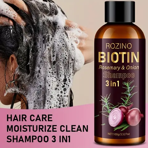 Rozino Biotin 3-in-1 Hair Care Shampoo with Rosemary & Onion - Unisex Natural Cleansing Liquid, Nourishing Formula, 100g, No Silk Protein/Conditioner, Single Item, Back to School