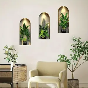 3-Piece Set, 2D Flat, Nordic Greenery-Themed Simulated Arch Window Flower Pot Wall Decals, Self-Adhesive Removable Decorative Stickers for Living Room, Dining Room, and Study Wall Decoration, Home Decor