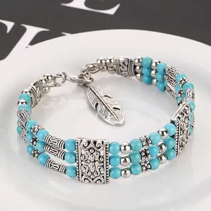 Natural Stone Feather Charm Bracelet - Bohemian Beaded Bracelet