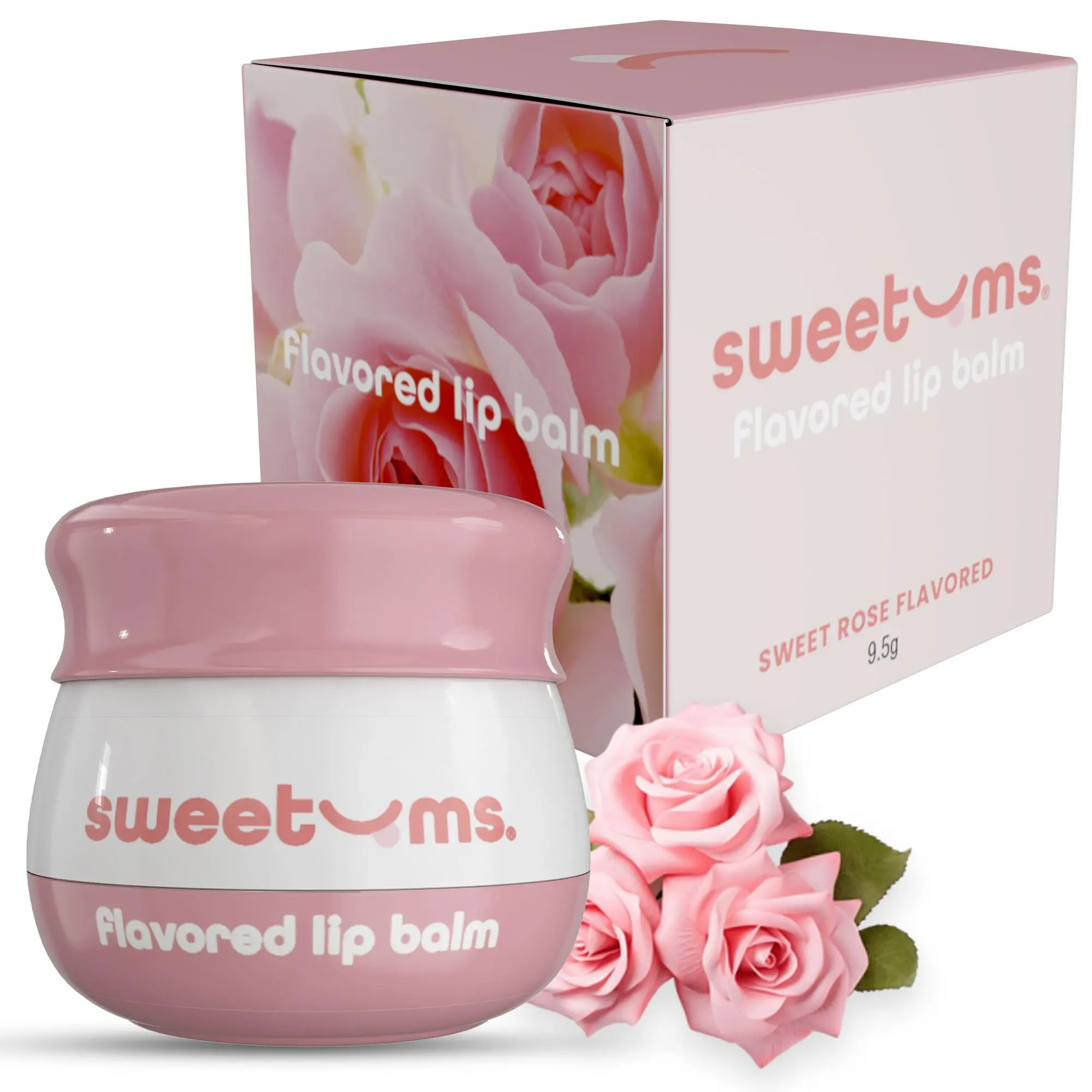 Sweet Rose Flavored Lip Balm by Sweetums Hydrating Glossy Lip Balm Vegan Cruelty-Free with Built-in Mirror & Applicator Delicate Rose Flavor Moisturizing Hydration glossy hydrating long lasting flavored