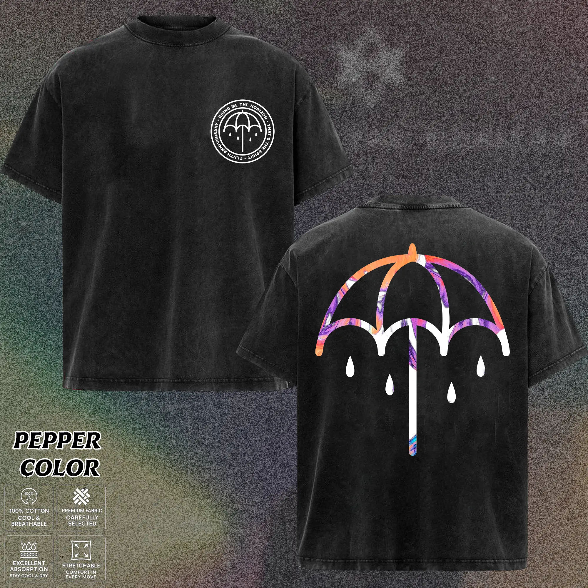 Bring Me The Horizon That's The Spirit 10th Anniversary Black Coloured Umbrella Graphic T-Shirt, Unisex Oversize Modern Rock Band Heavyweight Cotton T-Shirt, Gift for Rock Music Lovers, Aesthetic Gothic Streetwear Gift, Metal Clothing Top