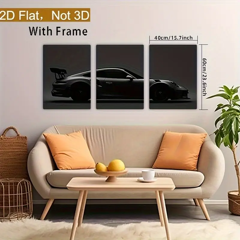 Trendy 3-Piece Dark-Toned Wood Frame Black Polka Dot Sports Car Spray-Painted Vertical Waterproof Glossy 2D Wall Art Set, Artistic Cars Home Decor for Living Room, Modern Gift for Thanksgiving, Black Friday, Independence Day Events, 4Th Of July, Back To S