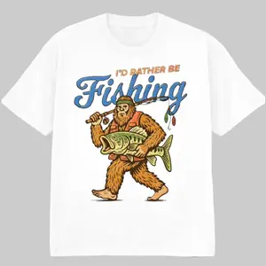 Vintage Bigfoot Fishing Shirt, Funny Sasquatch I'd Rather Be Fishing Tee, Fisherman Graphic T-Shirt, Outdoor Lake Life Gift