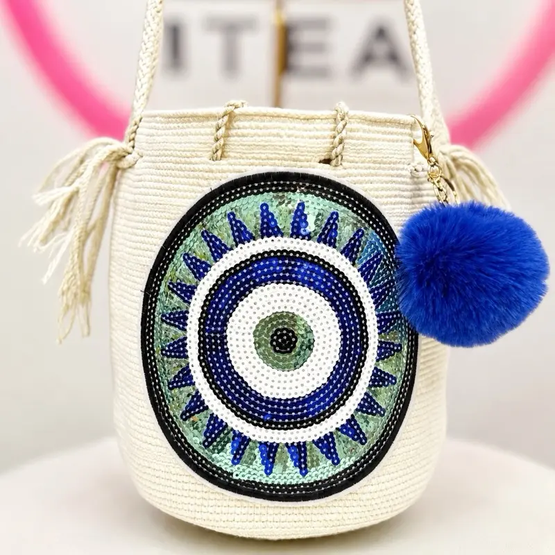 Wayuu Evil Eye Hamsa Hand Crochet Bag with Tassels