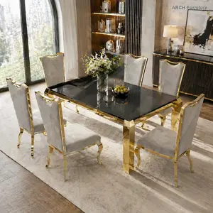 Modern Luxury 63" Large Dining Table - 201 Stainless Steel PVD Plated, 10mm Thick Legs, Impact-Proof Black Tempered Glass, Seats 6, for Kitchen & Dining Room Indoor Furniture