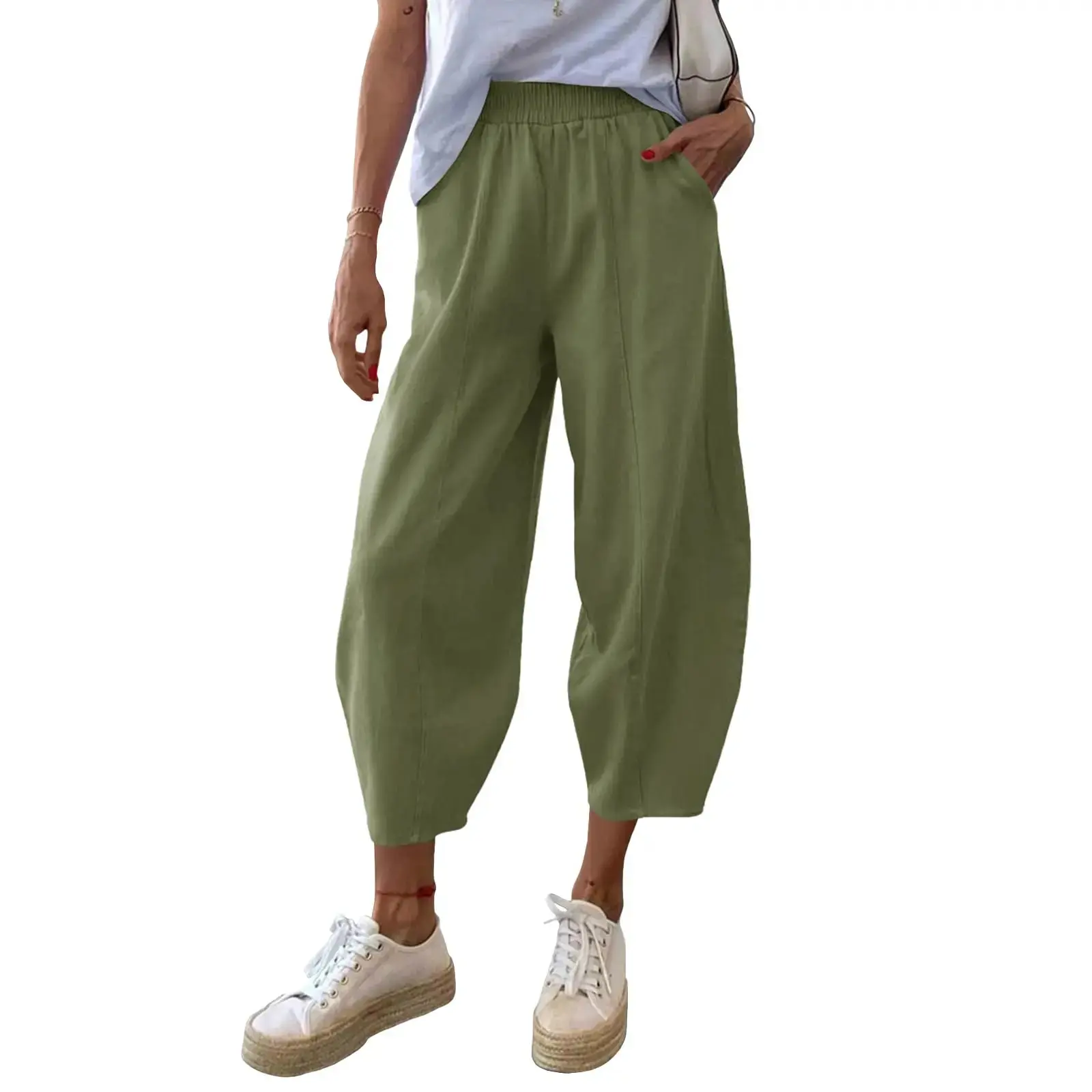 Women's Summer High Waisted Baggy Pants Casual Cotton Harem Capris Slacks with Pockets Breathable Lightweight Soft Minimalist Blueish Grey Trouser