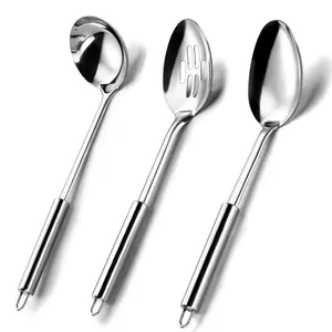 Serving Utensils Set for Parties, 3-Pieces Silver Stainless Steel utensils set, Includes 1 Serving Spoon, 1 Slotted Spoon and 1 Soup Ladle, Serving Spoons for Buffet