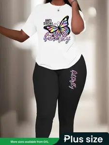【Plus Size】 Two-Piece Set Butterfly Graphic Tee & Letter Print Elastic Waist Skinny Pants, Round Neck Short Sleeve T-Shirt & Trousers, Casual Summer Clothes for Women Matching Clothing Set