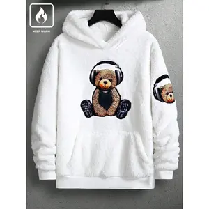 Neutral wool lined sweatshirt, cartoon bear print, winter casual wear, men's and women's warm pullovers, fashion dailyRAIMENTRY