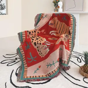 Leopard & Tiger & Floral Print Blanket, Christmas Decor Boho Soft Tassel Decor Throw Blanket, Air-conditioned Room Blanket, Warm Napping Blanket for Home & Office, Christmas Gifts, Christmas Decorations, Leopard Pattern Blanket