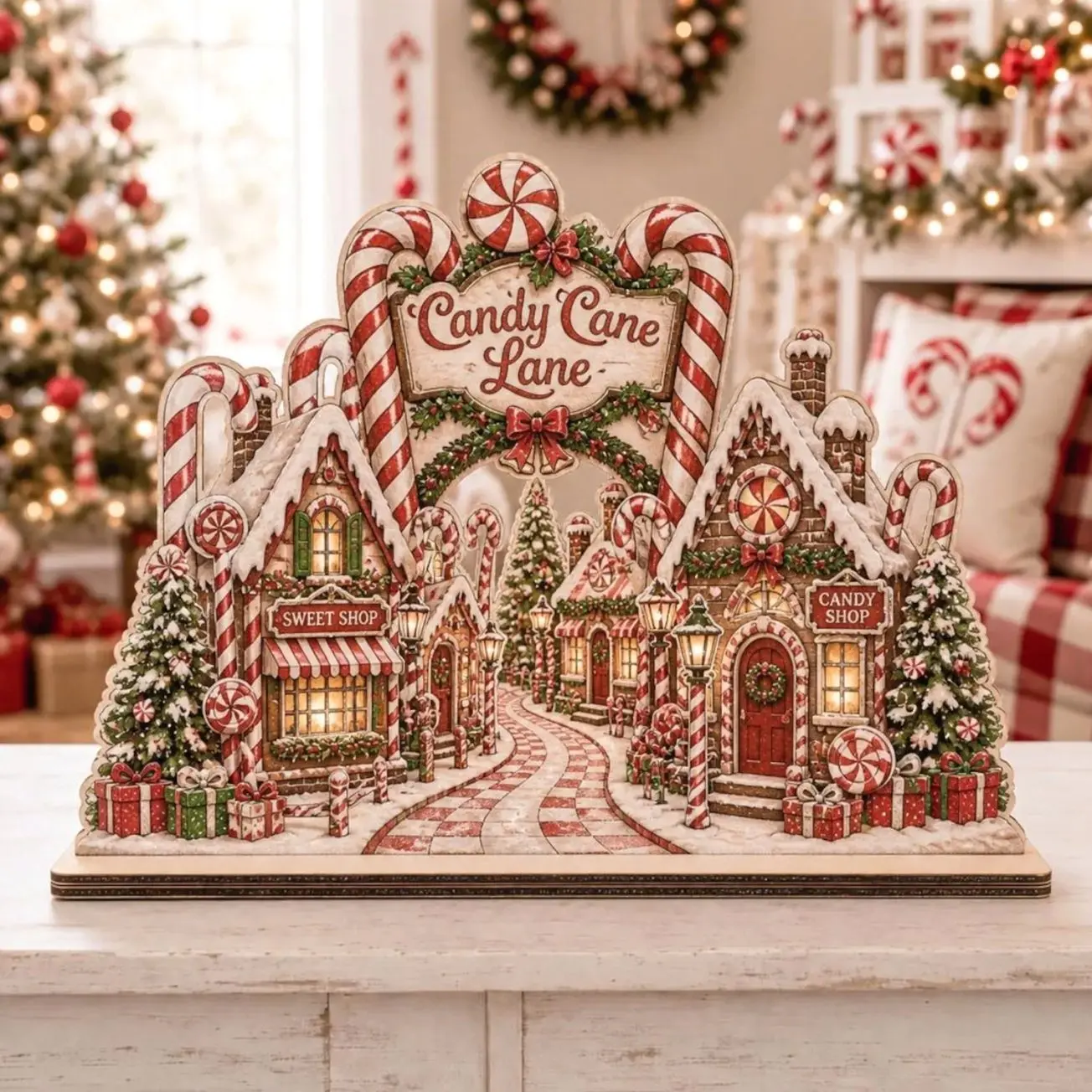 Personalized Candy Cane Christmas Village 2D Wooden Block, Peppermint Holiday Shelf Sitter, Gingerbread Mantel Table Decor