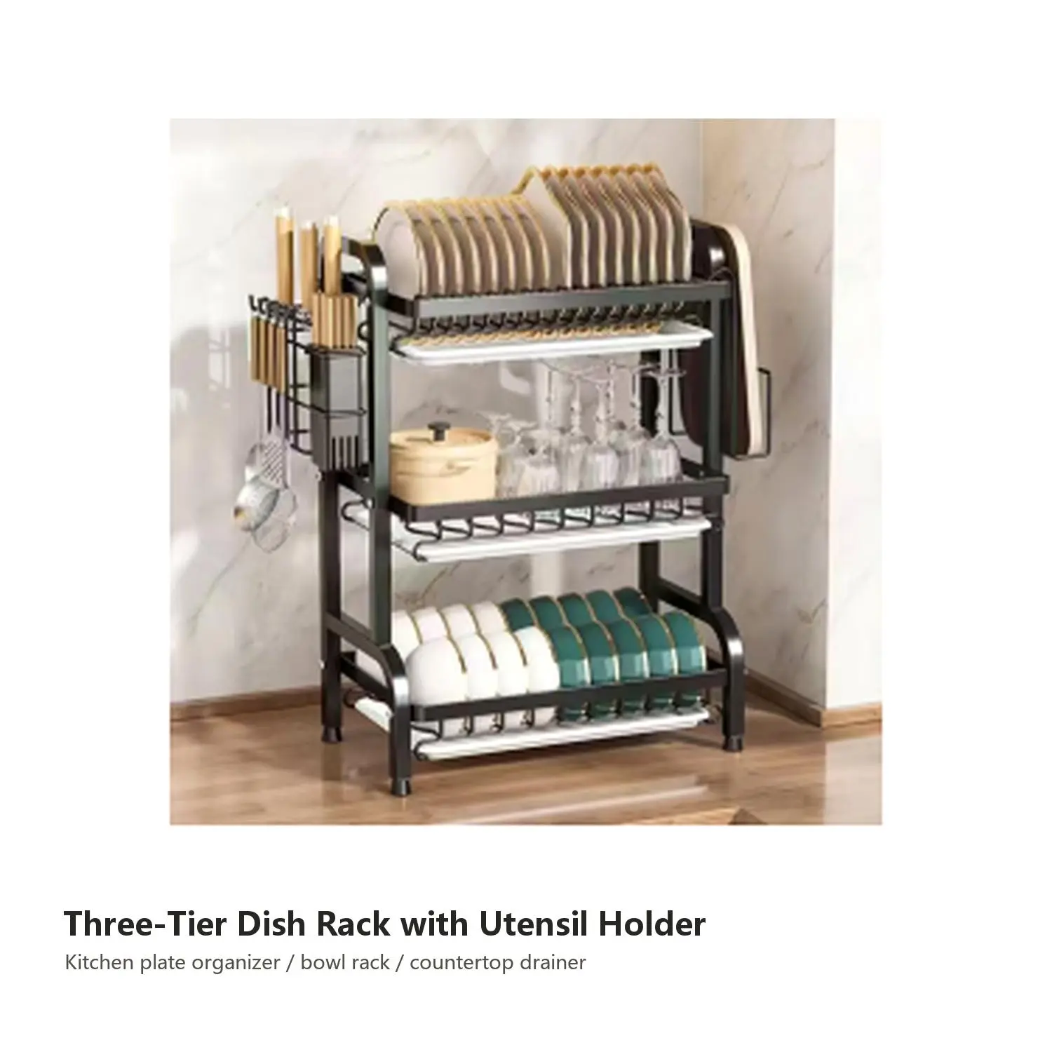 3-Tier Kitchen Dish Rack with Utensil Holder, Countertop Plate Organizer and Drainer for Household Use