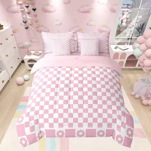 7 Pieces Pink White Grid Comforter Set,Geometric Lattice Checkerd Bedding Set,Pink Flower Plaid Bed in a Bag with Comforter,Fitted Sheet,Flat Sheet and Pillowcases,Kids Girls Room Decor