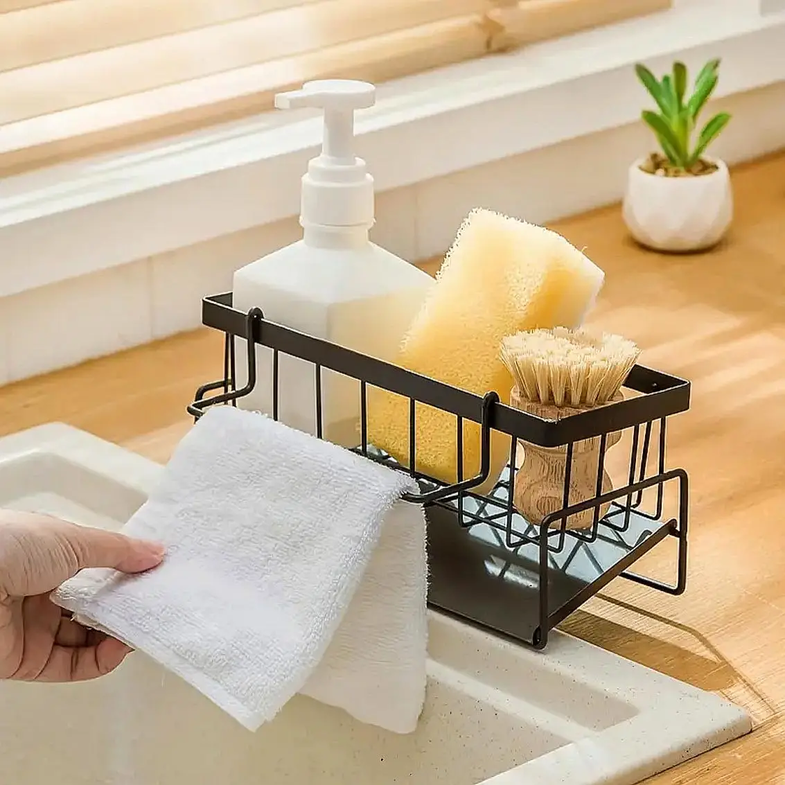 Kitchen Sink Sponge Holder With Detachable Dishcloth Rack, 1 Count Stainless Steel Countertop Storage Rack, Space-saving Bathroom Sink Caddy, Storage