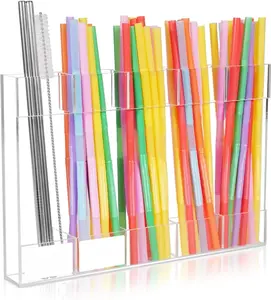 9.8” Large Acrylic Straw Holder for Cabinet Door - Reusable Straw Organizer Storage, Holds 80+ Straws, Ultra Sticky Adhesive Door Mounted, Kitchen Cabinet Accessories