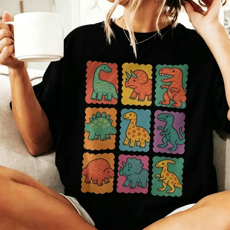Retro Dino Grid Graphic Tee Dinosaur Shirt