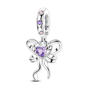 MULA 3D Bow Ribbon Pendant, 925 Silver Plated, with Purple Heart-Shaped Cubic Zirconia - Elegant Gift for Women and Girls, Compatible with Pandora Bracelets and Necklaces