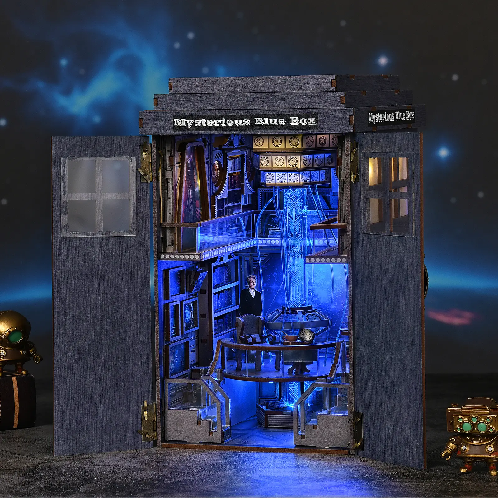 Wooden DIY Book Nook Construction Kit - Mysterious Blue Box, Atmospheric Glowing LED Display, Buildable Brick Buildings, Handmade Crafts, Conversation-Starting Decor, Doctor Who Fan Gift Toy for Ages 12+, Bookworm Gift