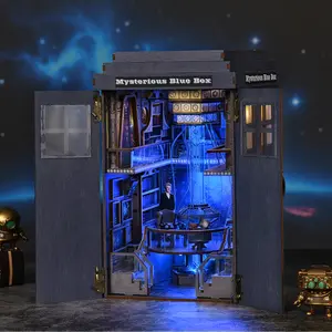 DIY Book Nook Wooden Kit - Mysterious Blue Box, Cozy Time Travel Fantasy Miniature Bookshelf Decor with LED Magic Lights, Handmade Crafts Building Toy for Ages 12+, Home Decor Gift for Adults