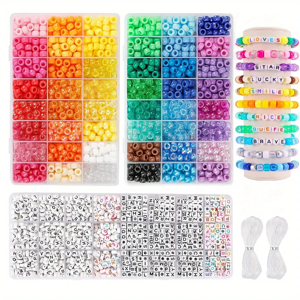 48-Color Pony Beads Set with A-Z Letter Beads, 6mm Large Hole Plastic Beading Accessories for Beaded Jewelry, Bracelet & Personalized Name Crafts for Girls & Adults